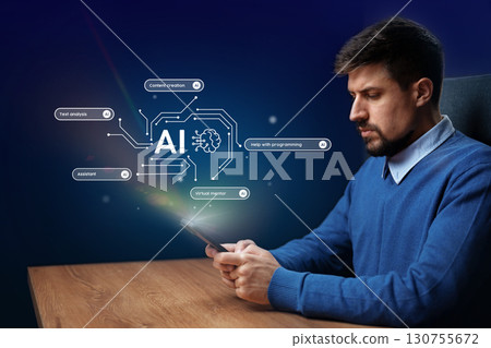Man using tablet to explore artificial intelligence applications in content creation and programming assistance Man using tablet to explore artificial intelligence applications in content creation and programming assistance 130755672