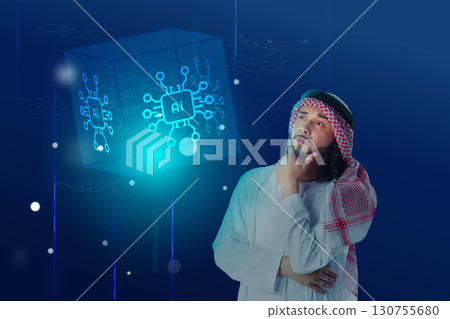 Man in traditional attire contemplating artificial intelligence technology in a digital setting with futuristic elements 130755680
