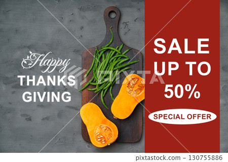 Happy Thanksgiving sale featuring fresh produce and festive decor in a kitchen setting Happy Thanksgiving sale featuring fresh produce and festive decor in a kitchen setting 130755886