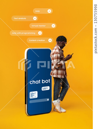 Young man interacting with a chatbot on a smartphone in a vibrant orange setting while standing beside a large phone display Young man interacting with a chatbot on a smartphone in a vibrant orange setting while standing beside a large phone display 130755998