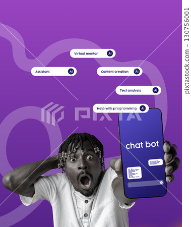 Surprised individual showcases a chatbot on a vibrant purple background related to AI assistance and content creation 130756001