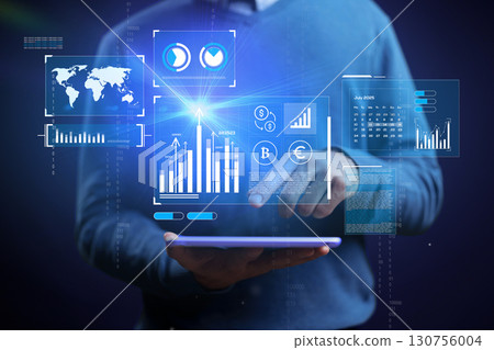 Business professional analyzing data trends on tablet with digital graphs and charts in modern workspace Business professional analyzing data trends on tablet with digital graphs and charts in modern workspace 130756004