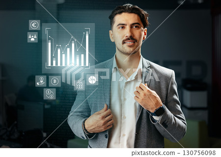 Professional man confidently presenting data insights in a modern office setting during a business meeting focused on financial analysis Professional man confidently presenting data insights in a modern office setting during a business meeting focused on financial analysis 130756098