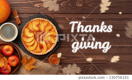 Celebrating Thanksgiving with a beautiful apple pie and seasonal decorations on a wooden table Celebrating Thanksgiving with a beautiful apple pie and seasonal decorations on a wooden table 130756181