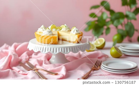 A slice of Key Lime Pie elegantly presented on a cake stand, emphasizing its tangy filling and buttery crust, a summer delight 130756187