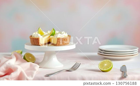 A delicious slice of Key Lime Pie on a cake stand, featuring its bright green filling and crumbly crust, perfect for summer gatherings 130756188