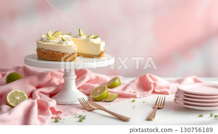 A refreshing slice of Key Lime Pie displayed on a cake stand, highlighting its zesty filling and golden crust, ideal for summer A refreshing slice of Key Lime Pie displayed on a cake stand, highlighting its zesty filling and golden crust, ideal for summer 130756189