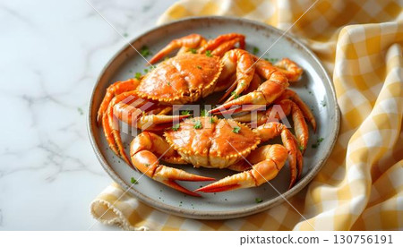 A summer plate featuring cooked soft shell crabs and zesty lemon wedges for a refreshing meal 130756191