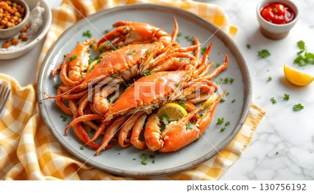 Soft shell crabs on a plate with lemon wedges, showcasing a delightful summer seafood dish Soft shell crabs on a plate with lemon wedges, showcasing a delightful summer seafood dish 130756192