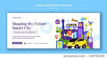 Flat Cartoon Vector Illustration of Smart City Infrastructure for Social Media Cover Background 130756299