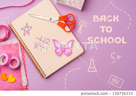 Creative supplies and activities for back-to-school preparations on a pastel purple background 130756333