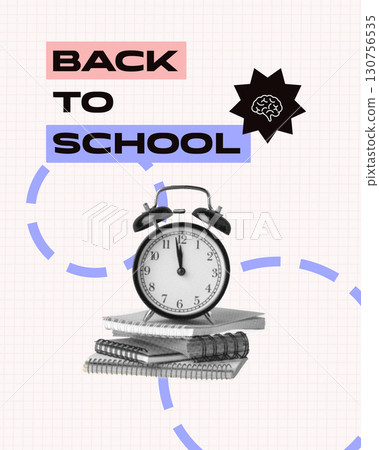 Creative back to school concept featuring an alarm clock, notebooks, and playful graphics in a bright design Creative back to school concept featuring an alarm clock, notebooks, and playful graphics in a bright design 130756535
