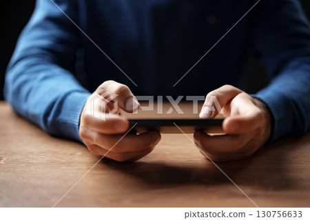 Engaged individual using smartphone while sitting at wooden table 130756633