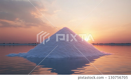 Salt pile production harvest on the beach, evaporation ocean water with sunset 130756705