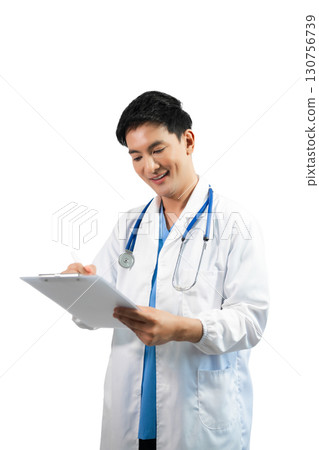 Man portrait of a doctor wearing a white coat and a stethoscope looking into the camera on a white isolated background 130756739