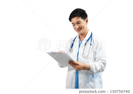Man portrait of a doctor wearing a white coat and a stethoscope looking into the camera on a white isolated background 130756740