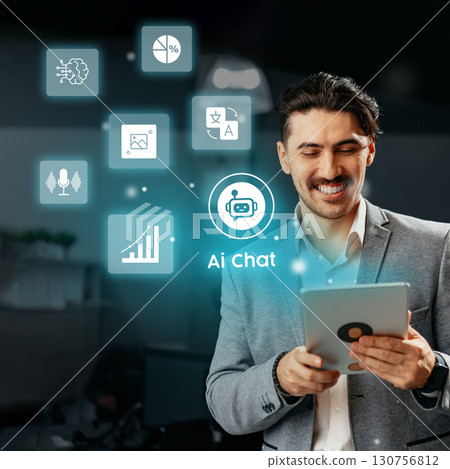 Professional man engaged in an interactive AI chat with digital elements in a modern office setting Professional man engaged in an interactive AI chat with digital elements in a modern office setting 130756812