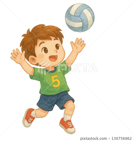A cheerful boy jumping to catch a volleyball, showcasing youthful energy and fun. 130756862