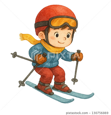 A cheerful child skiing down the slope, enjoying winter sports with enthusiasm. A cheerful child skiing down the slope, enjoying winter sports with enthusiasm. 130756869