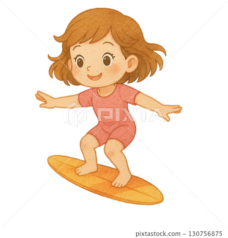A cheerful girl surfing on a yellow board, showcasing joy and freedom. 130756875