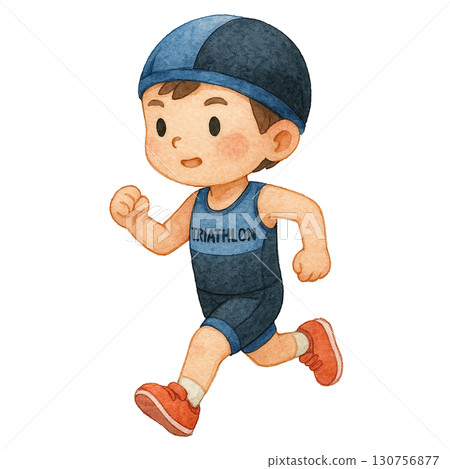 A cheerful young boy running fast in a triathlon outfit. 130756877