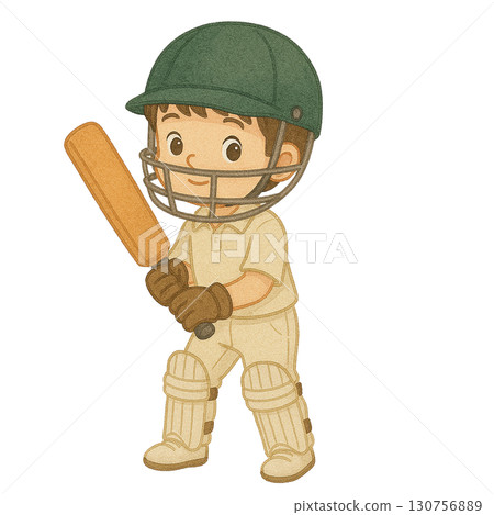 A young cricket player ready to bat, showcasing excitement and sportsmanship. 130756889