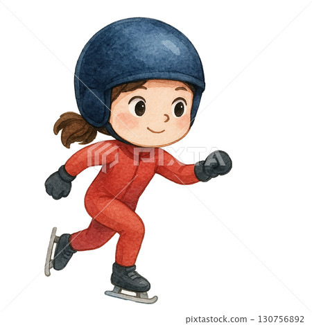 A young girl joyfully ice skating in colorful attire and helmet, showcasing excitement. A young girl joyfully ice skating in colorful attire and helmet, showcasing excitement. 130756892