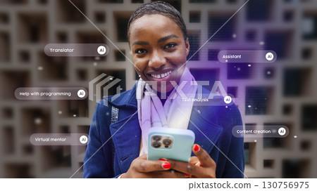 Woman smiling while using smartphone with AI features for text analysis and virtual assistance in urban setting Woman smiling while using smartphone with AI features for text analysis and virtual assistance in urban setting 130756975