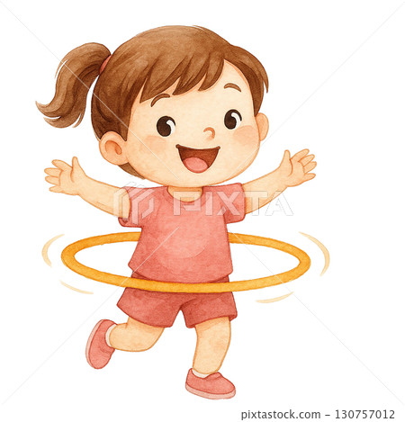 A joyful child playing with a hula hoop in bright colors. A joyful child playing with a hula hoop in bright colors. 130757012