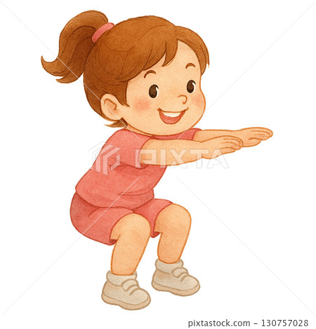 Playful girl demonstrating a fun fitness exercise. 130757028
