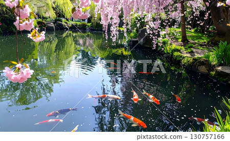 Carp and cherry blossoms swimming in a pond 130757166