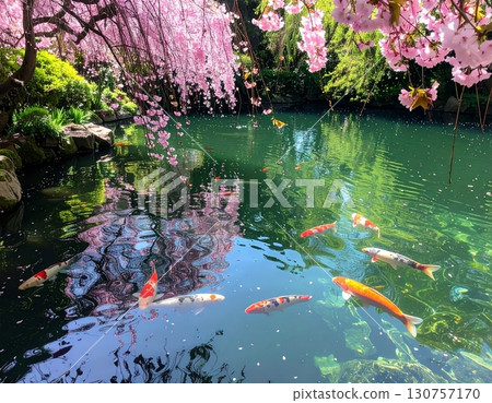 Carp and cherry blossoms swimming in a pond 130757170