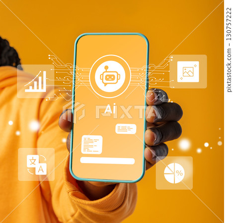 Demonstration of artificial intelligence technology on a smartphone in an orange background setting 130757222