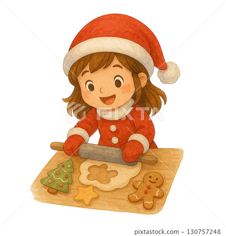 A girl baking festive cookies during the holiday season. 130757248