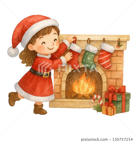 A joyful child hanging Christmas stockings by a cozy fireplace. 130757254