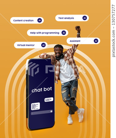 Engaging young man posing with chatbot on vibrant orange background, showcasing AI features for content creation and programming assistance Engaging young man posing with chatbot on vibrant orange background, showcasing AI features for content creation and programming assistance 130757277