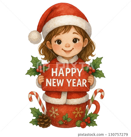 Festive girl in Santa hat celebrating New Year cheerfully. 130757279