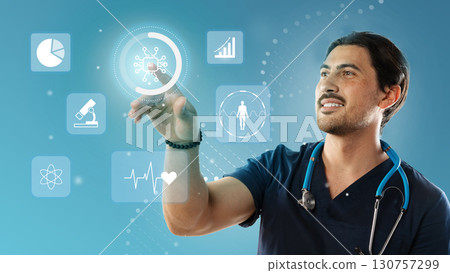 Healthcare professional interacting with digital technology in a modern medical environment 130757299
