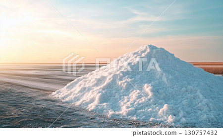 Pile farming salt mineral sea water evaporation with blue sky 130757432