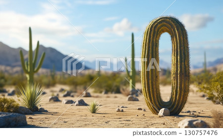 Shape number 0 made from cactus plant textured in desert background 130757476