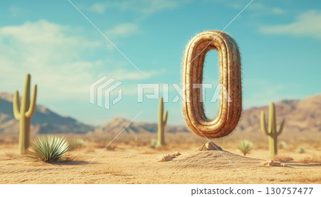 Shape number 0 made from cactus plant textured in desert background 130757477