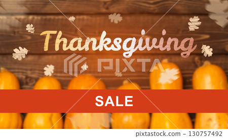 Thanksgiving sale decorations with pumpkins and autumn leaves on display Thanksgiving sale decorations with pumpkins and autumn leaves on display 130757492