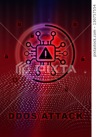 Cybersecurity alert during DDoS attack with visual representation of data breaches and network vulnerabilities 130757554