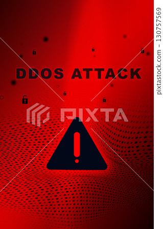 Ddos attack warning with caution symbol and red background illustrating cyber threats 130757569