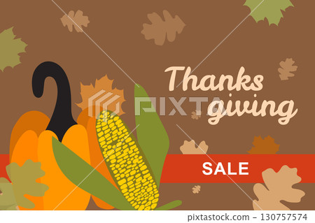 Thanksgiving sale banner featuring autumn leaves and seasonal produce decorations Thanksgiving sale banner featuring autumn leaves and seasonal produce decorations 130757574