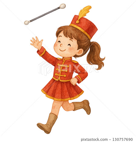 A cheerful girl in a marching band uniform performing joyfully. 130757690