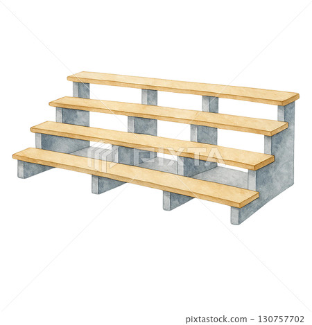 A sturdy bleacher with wooden seating for spectators. A sturdy bleacher with wooden seating for spectators. 130757702
