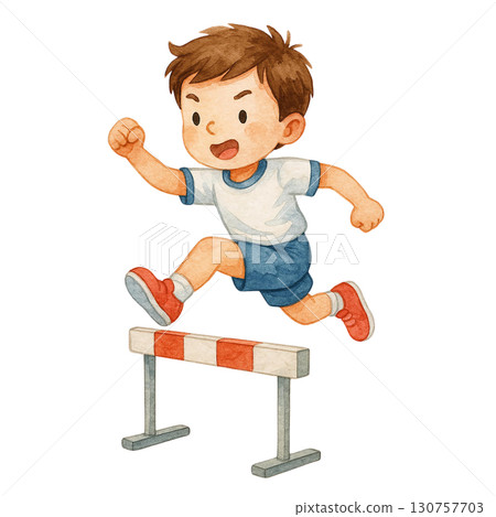 A young boy joyfully hurdles over a barrier, showcasing athleticism. A young boy joyfully hurdles over a barrier, showcasing athleticism. 130757703