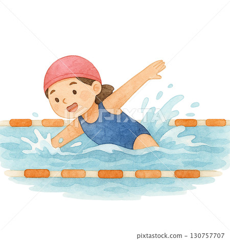 A young swimmer joyfully practicing in a pool setting. A young swimmer joyfully practicing in a pool setting. 130757707