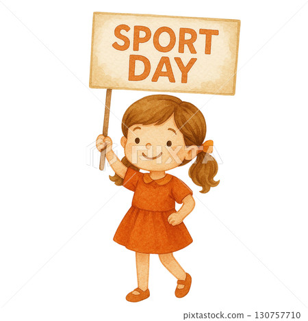 Cheerful girl holding a sign for Sport Day celebration. 130757710